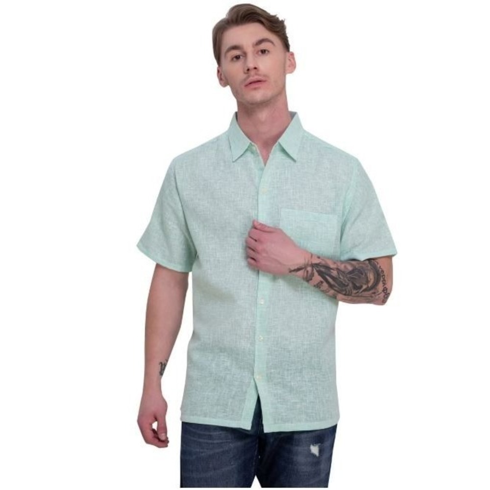 Thom Aaron Men's Button Up Short Sleeve 100% Linen Shirt in Mint Green‎ Large